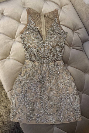 Sexy Sheath Beading V Neck Sleeveless Homecoming Dress DMC89