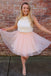 Pink A Line Tulle Short Homecoming Dress with White Lace Top DMB31