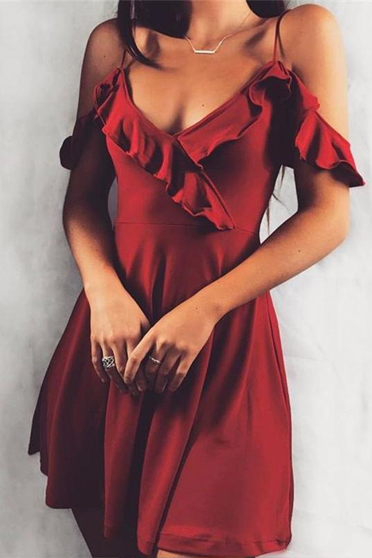 Burgundy Short Sexy Spaghetti Straps Mini Homecoming Dress With Ruffles DMB54