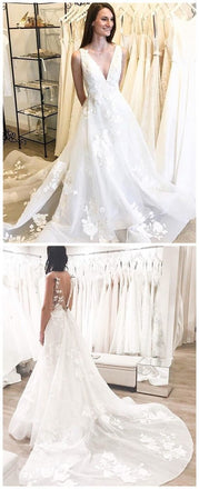 Cheap A-Line Deep V-Neck Backless Long Wedding Dress with Appliques DMB61