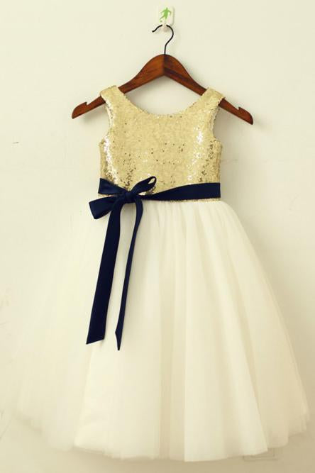 A-Line Round Neck Ivory Flower Girl Dress with Sequins Sash DMP23