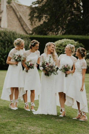 A-Line Short Sleeves Hi-Low Off White Satin Bridesmaid Dress with Lace DMR88