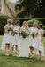 A-Line Short Sleeves Hi-Low Off White Satin Bridesmaid Dress with Lace DMR88