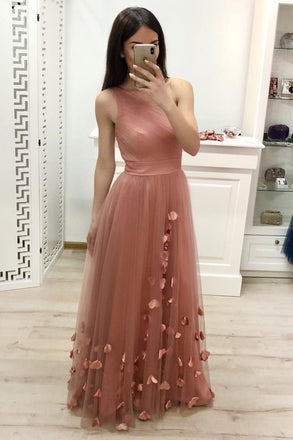 One Shoulder A Line Tulle Floor Length Prom Dresses Cheap Long Evening Dress DMJ23
