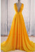 Yellow A Line V Neck Criss Cross Back Chiffon Long Prom Dress DMB58