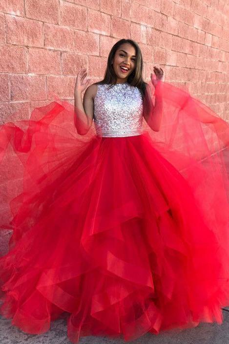 Charming Red Ball Gowns Organza Ruffle Sequin Top Prom Dresses DMF68