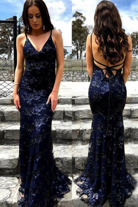 Mermaid Spaghetti Straps Lace Backless Navy Blue Prom Dress DMJ31