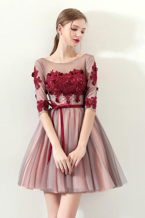 A Line Red Flowers Half Sleeves Homecoming Dresses, Short Appliques Prom Dress DMN61