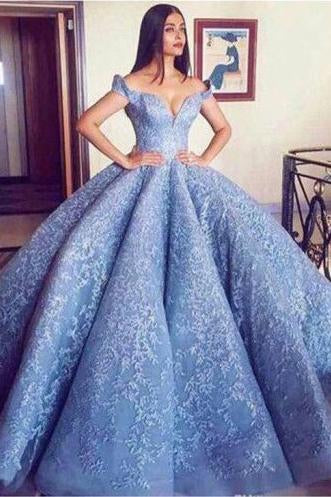 Blue Lace Off The Shoulder Ball Gown Quinceanera Dresses,Princess Prom Dress DMC91