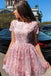 A-Line Short Sleeves Short Pink Homecoming Dress with Lace Appliques DMM20