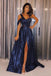 A-Line One-Shoulder Navy Blue Sequined Cheap Prom Dress with Split DMJ29