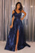 A-Line One-Shoulder Navy Blue Sequined Cheap Prom Dress with Split DMJ29