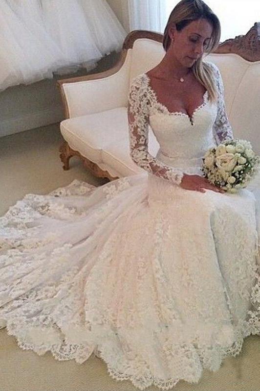 Gorgeous Ivory Lace Long Sleeves Bridal Dresses Wedding Dresses DMP82