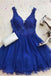 A Line V Neck Tulle Beaded Royal Blue Short Homecoming Dresses DMM71