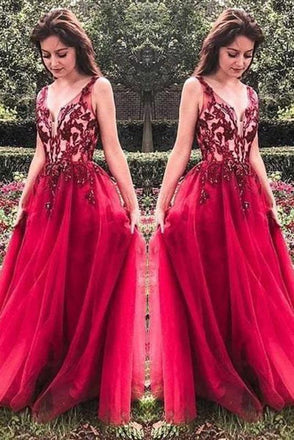 Unique Red V Neck Tulle Appliques Prom Dresses, Long Party Gowns DMH15
