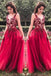 Unique Red V Neck Tulle Appliques Prom Dresses, Long Party Gowns DMH15