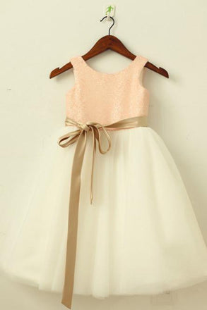 A-Line Round Neck White Flower Girl Dress with Lace Sequins Sash DMP22