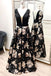 A Line V Neck Floral Prom Dresses, Long Black Prom Gown DMK27