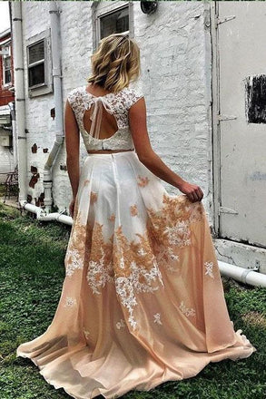 Pretty Two Piece Cap Sleeves A Line Lace Appliques Prom Dresses DMG39