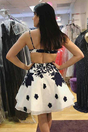 Ivory Short Cheap V Neck Lace Appliques A Line Homecoming Dresses DMB89