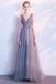 Elegant A Line Sequin Tulle Long V Neck Sleeveless Cheap Prom Dresses OKC2