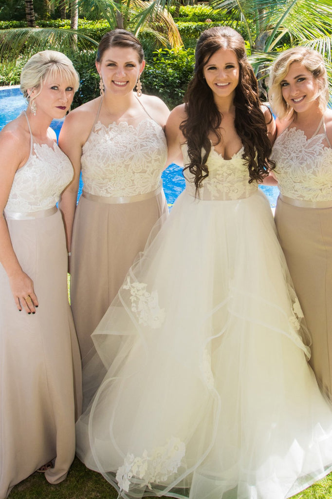 Elegant Halter A Line Long Bridesmaid Dress with Lace Appliques DMM99