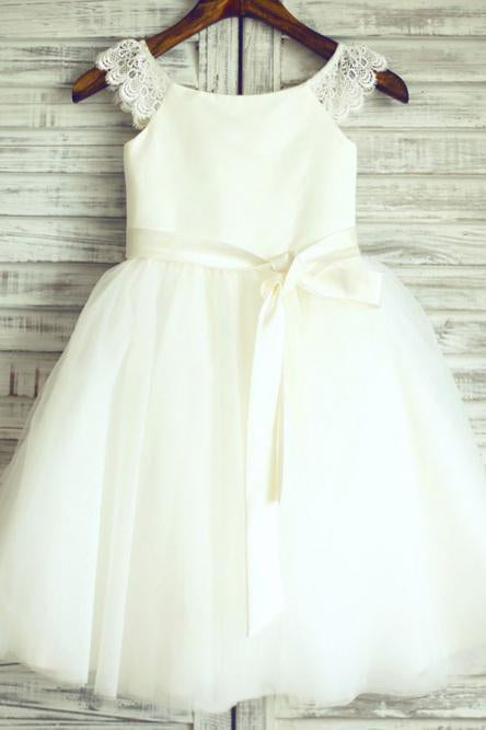 A-Line Round Neck White Flower Girl Dress with Sash Lace DMP26