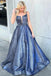 A-Line Square Criss-Cross Straps Blue Satin Prom Dress with Beading DMF99