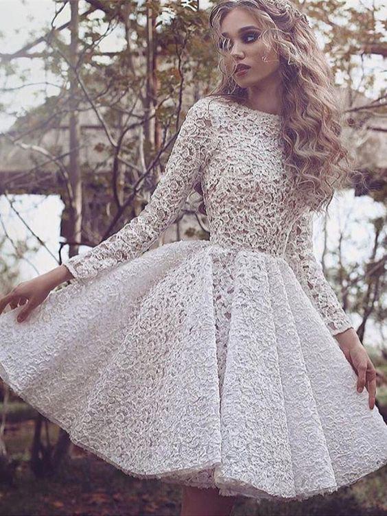 Chic Lace Scoop Long Sleeve Ivory Short Homecoming Dress Prom Party Dress DME2