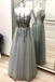 Gray A Line Tulle Appliques Prom Dresses, Long Cheap Prom Gown DMK29