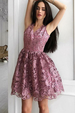 Unique A-Line V-Neck Short Purple Lace Homecoming Dress,Graduation Dresses DMB01