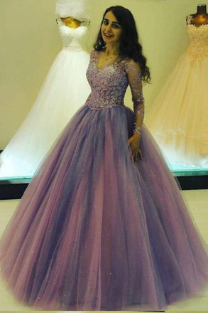 Princess Long V Neck Appliques Ball Gown Prom Dress With Long Sleeves DMB43