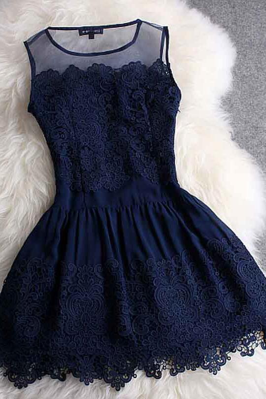 A-line Mini Navy Blue Sleeveless Crew Short Homecoming Dresses With Lace DMD10