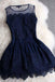 A-line Mini Navy Blue Sleeveless Crew Short Homecoming Dresses With Lace DMD10