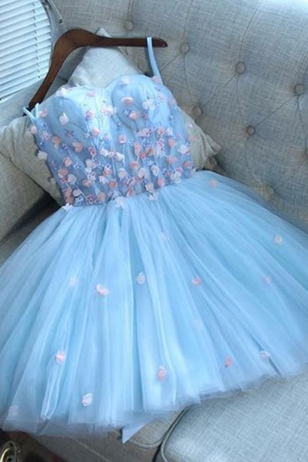 A-Line Sweetheart Short Blue Tulle Homecoming Dress with Appliques DMD12