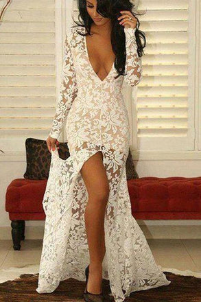 Fashion Mermaid Deep V-Neck Long Sleeves Split Front Ivory Lace Prom Dress DM755