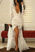 Fashion Mermaid Deep V-Neck Long Sleeves Split Front Ivory Lace Prom Dress DM755