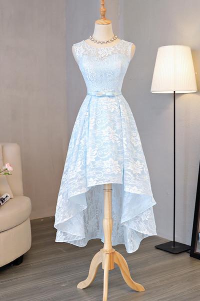 Light Blue Homecoming Dresses,Lace Homecoming Dress,Round Neck Prom Dresses,High Low Homecoming Dresses,Halter Prom Dress, Bow Homecoming Dress