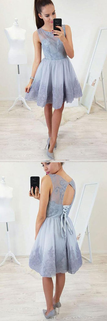 A-Line Round Neck Open Back Short Blue Homecoming Dress with Lace Appliques DMB82