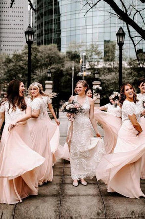A Line Two Piece Short Sleeves Floor-Length Pink Bridesmaid Dress with Lace DMR89