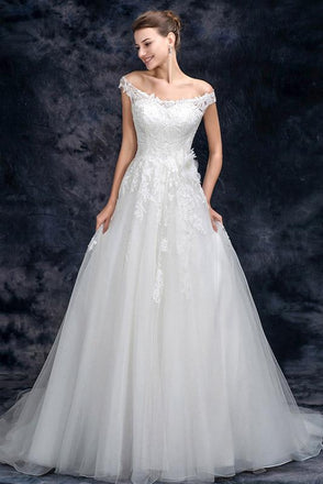 A Line Off the Shoulder Appliques Tulle Long Wedding Dress, Bridal Dresses DMQ26