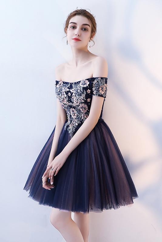 A Line Purple Appliques Homecoming Dresses, Short Off the Shoulder Prom Dress DMN65
