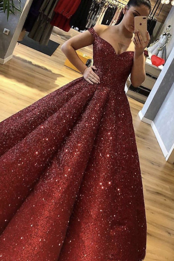 Burgundy Off the Shoulder Sequined Ball Gown Prom Dress DMI82