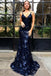 Mermaid Spaghetti Straps Lace Backless Navy Blue Prom Dress DMJ31