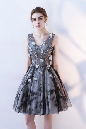 V Neck A Line Flowers Homecoming Dresses, Short Grey Prom Dress DMN60