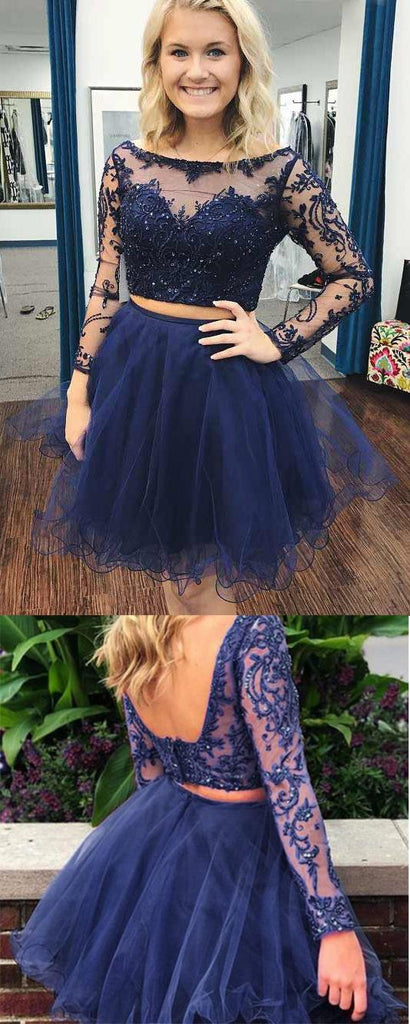 Two Piece Bateau Long Sleeves Dark Blue A Line Tulle Homecoming Dress DMB79