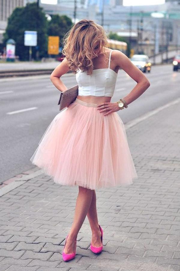 Two Piece Pink Spaghetti-Strap Tulle Sleeveless White Top Homecoming Dresses DM294