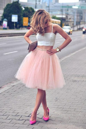 Two Piece Pink Spaghetti-Strap Tulle Sleeveless White Top Homecoming Dresses DM294