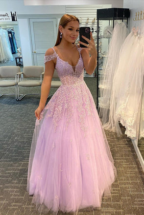 Pink Lace Appliques Tulle V Neck Prom Dress, Long Formal Evening Gown DMP089