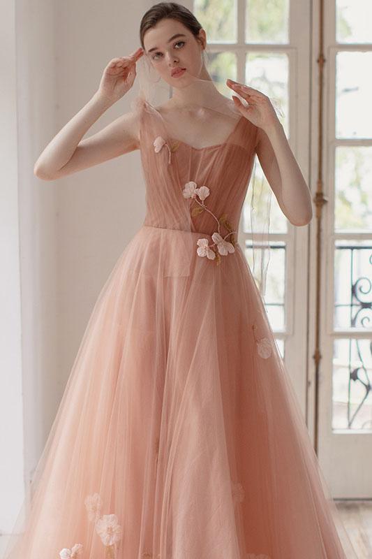 Charming A Line Long Tulle Prom Dresses With Flowers DMK59